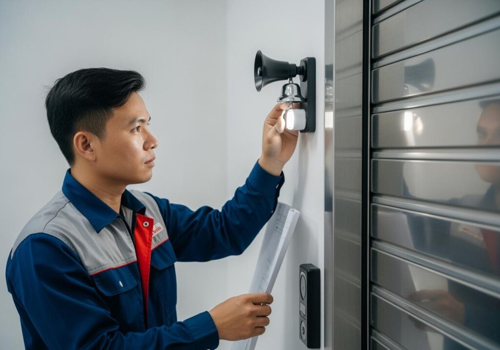 chuông đèn cửa cuốn pccc