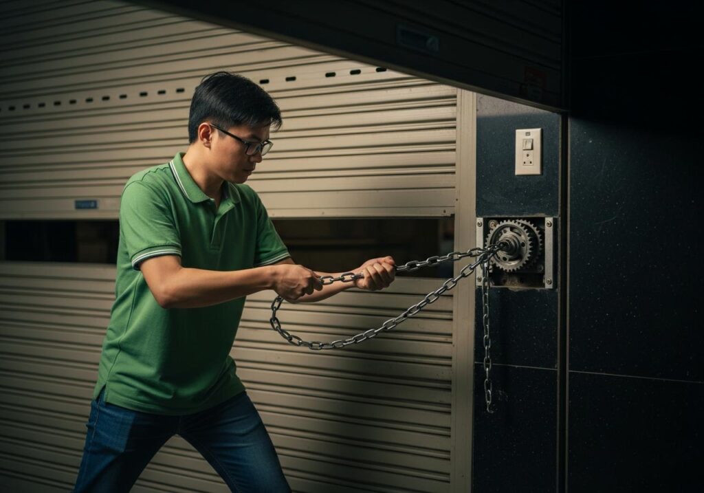 mở cửa cuốn bằng xích tay