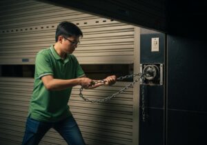 mở cửa cuốn bằng xích tay